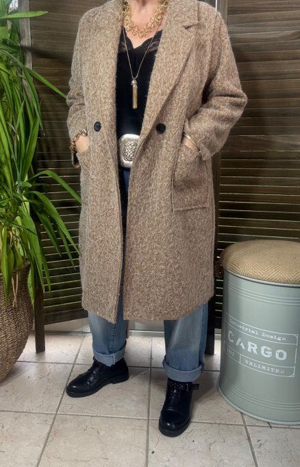 Manteau droit mi-long bouclette Camel chiné confort +++ du 36 au 46 et même +  