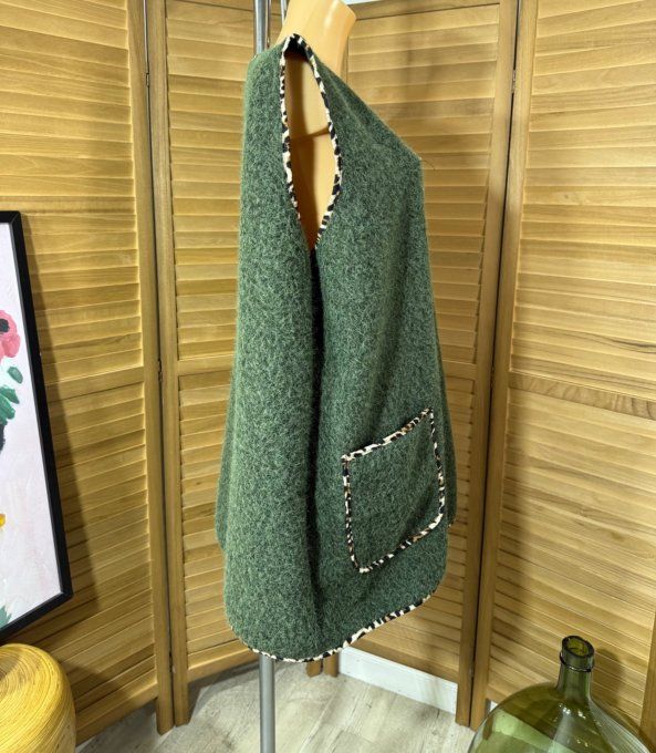 Gilet sans manches Kaki & Léopard + broche Fleur du 42 au 52/54 et même + 