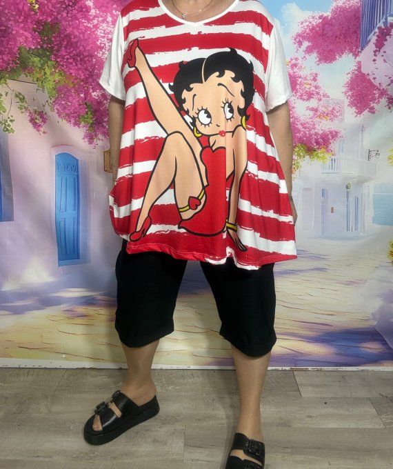 Tee-shirt trapèze écru rayé rouge manches courtes Col V Betty Boop et son chien du 42 au 56 