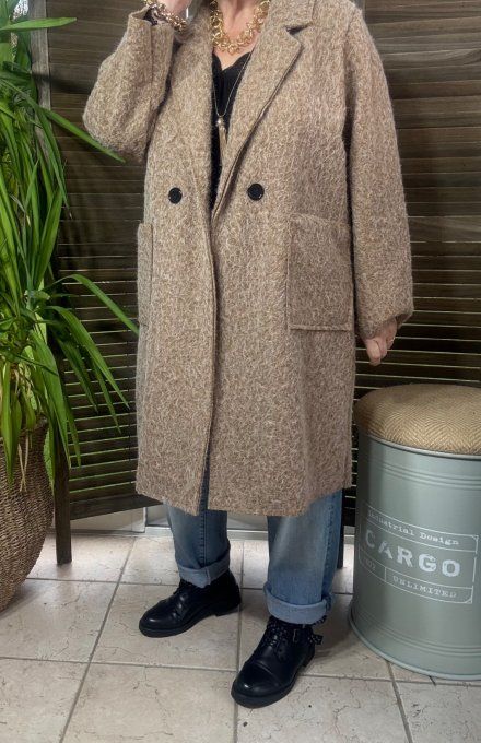 Manteau droit mi-long bouclette Camel chiné confort +++ du 36 au 46 et même +  