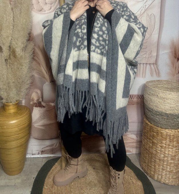 Poncho oversize SANS LAINE polaire Léopard gris perle et crème TOUTES TAILLES
