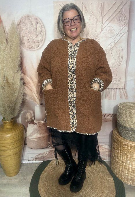 Gilet-veste moumoute Sherpa camel et suédine Léopard du 40 au 52/54 et même +  
