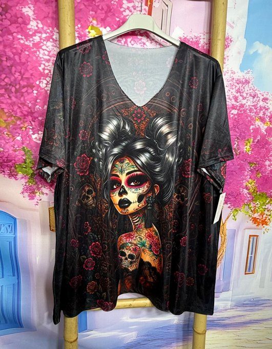 Tee-shirt fin trapèze oversize lycra noir Catrina Skulls Tattoo Girl du 40 au 54