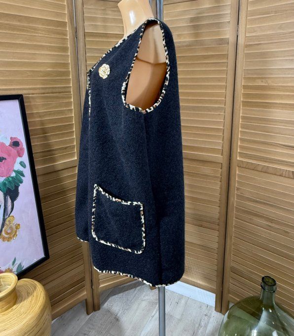 Gilet sans manches noir & Léopard + broche Fleur du 42 au 52/54 et même + 