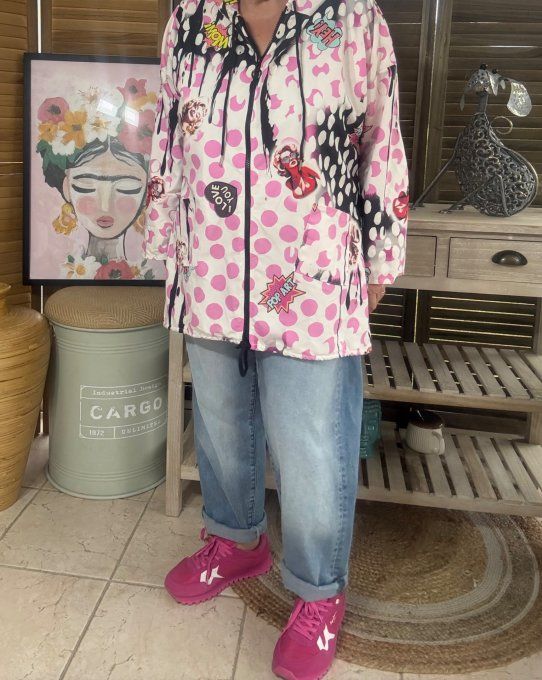 Coupe-vent à capuche déperlant multicolore pois Marylin Monroe du 38 au 48 et même +  