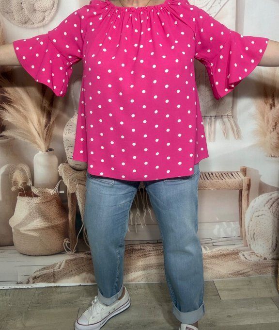 Blouse Bohème chic Fuschia pois blancs manches volantées épaules dénudées du 38 au 50/52