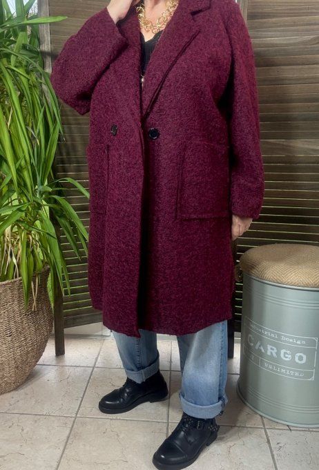 Manteau droit mi-long bouclette Bordeaux chiné confort +++ du 36 au 46 et même +  