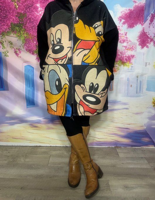 Gilet long à capuche oversize polaire noire Mickey Mouse et ses amis du 38 au 50 et même +