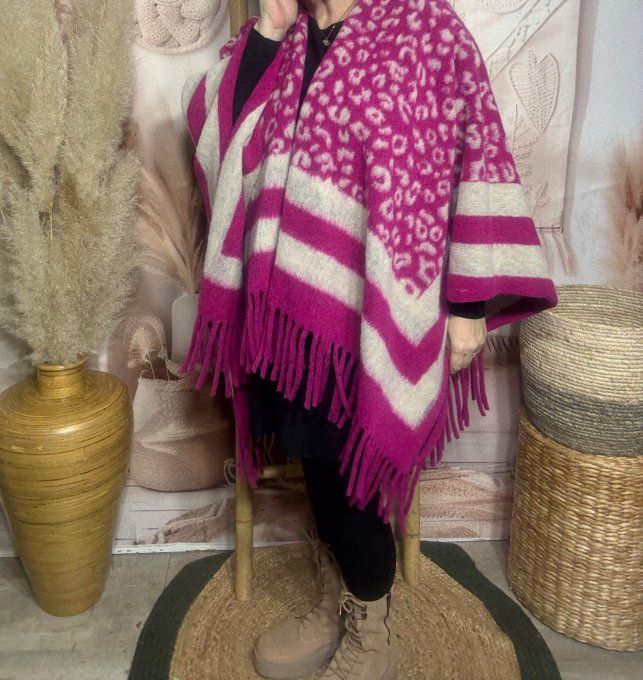 Poncho oversize SANS LAINE polaire Léopard fuschia et crème TOUTES TAILLES  