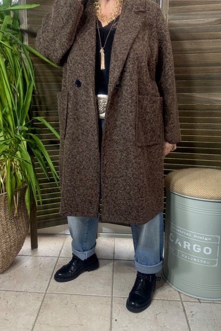 Manteau droit mi-long bouclette Chocolat chiné confort +++ du 36 au 46 et même +  