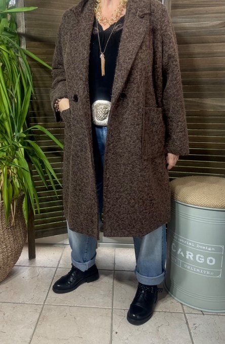 Manteau droit mi-long bouclette Chocolat chiné confort +++ du 36 au 46 et même +  