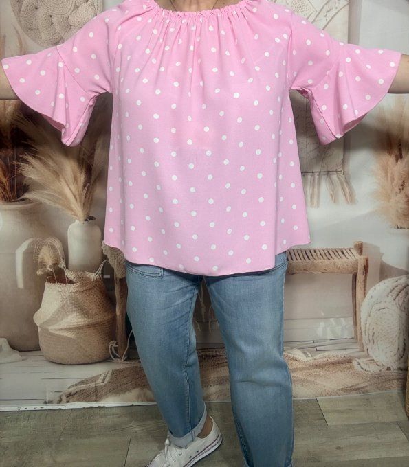 Blouse Bohème chic rose bébé pois blancs manches volantées épaules dénudées du 38 au 50/52