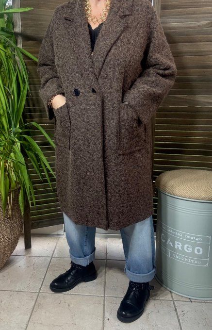 Manteau droit mi-long bouclette Chocolat chiné confort +++ du 36 au 46 et même +  