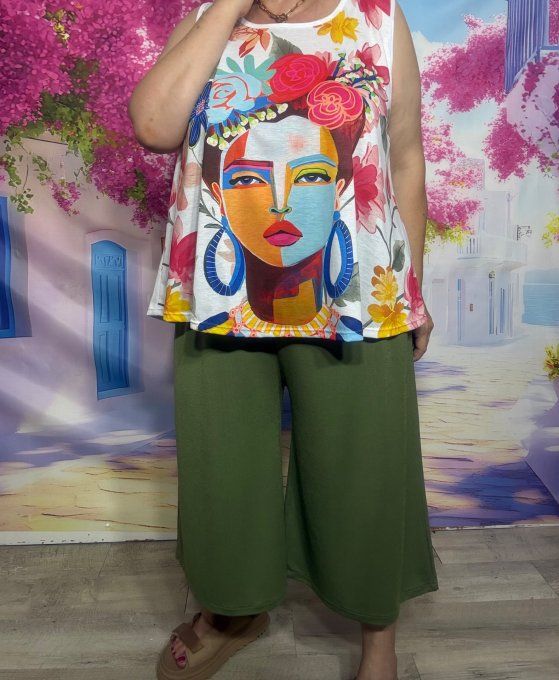 Débardeur trapèze blanc Frida Kahlo & Fleurs Exotiques du 40 au 50/52 