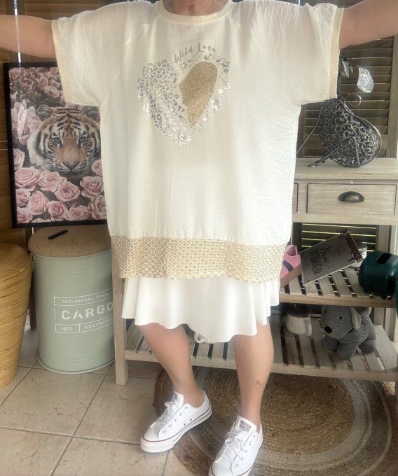 Top ample écru Le Coeur maille filet lurex doré or diamants strass du 40 au 48/50  