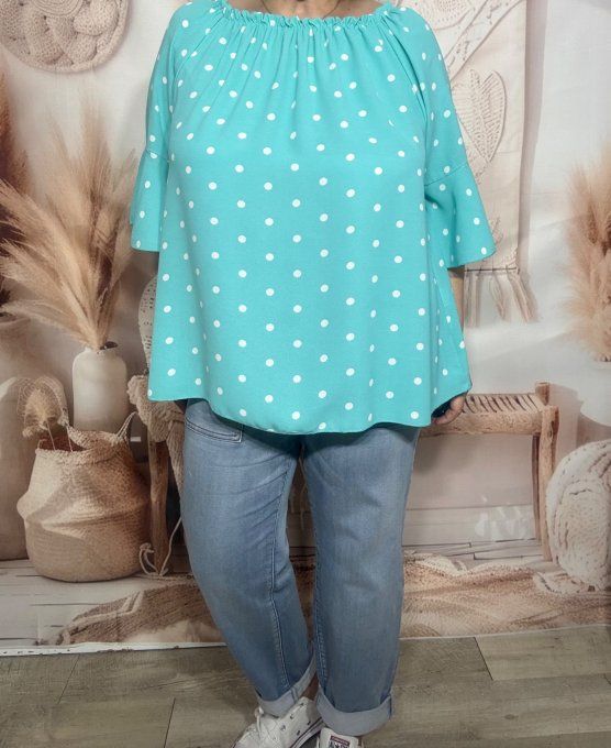 Blouse Bohème chic Vert d'eau pois blancs manches volantées épaules dénudées du 38 au 50/52