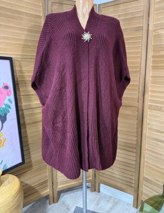 Gilet sans manches oversize Bordeaux + broche dorée Soleil du 42 au 56/58 et même + 