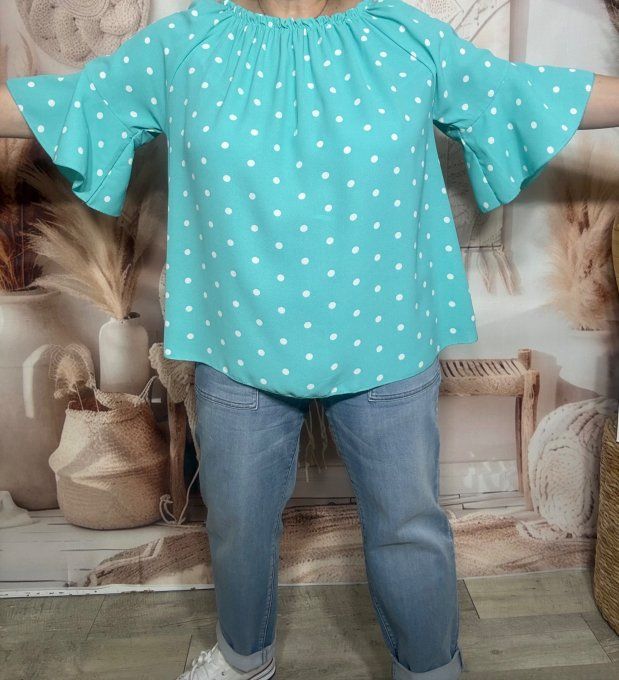 Blouse Bohème chic Vert d'eau pois blancs manches volantées épaules dénudées du 38 au 50/52