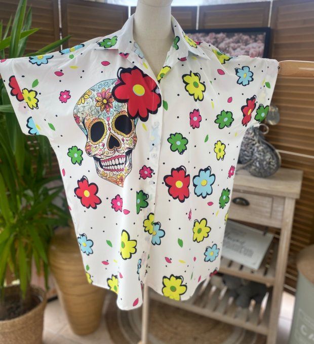 Chemise ample blanche Mexican Skulls Calaveras du 40 au 52 