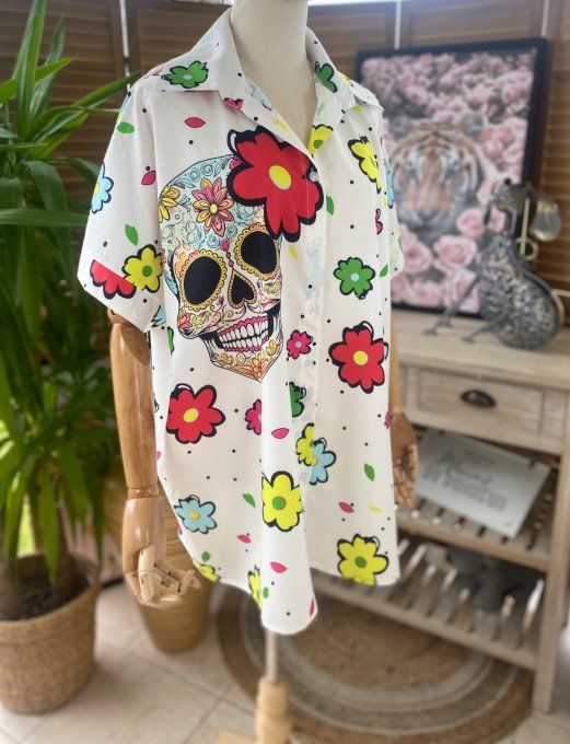 Chemise ample blanche Mexican Skulls Calaveras du 40 au 52 