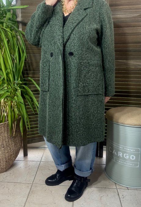 Manteau droit mi-long bouclette Kaki chiné confort +++ du 36 au 46 et même + 