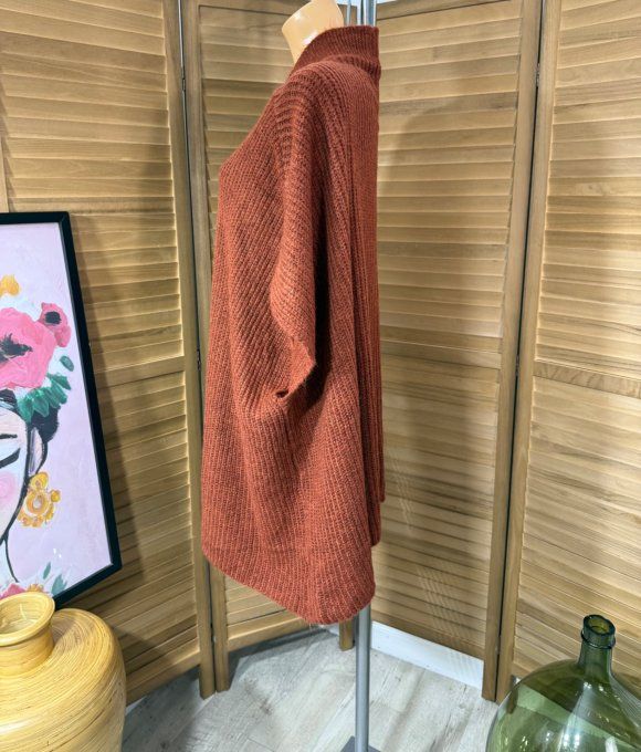 Gilet sans manches oversize Brique + broche dorée Soleil du 42 au 56/58 et même + 