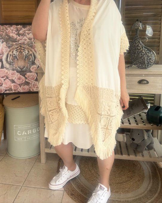 Gilet ample long beige broderie anglaise fleurs et franges du 40 au 50/52