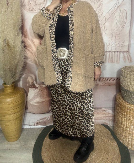 Gilet-veste moumoute Sherpa beige et suédine Léopard du 40 au 52/54 et même + 