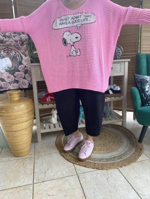Pull de printemps ample nid d'abeille rose bonbon Snoopy du 42 au 52/54