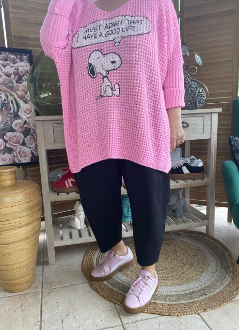 Pull de printemps ample nid d'abeille rose bonbon Snoopy du 42 au 52/54