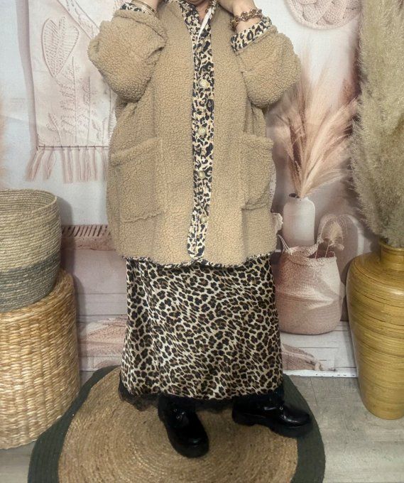 Gilet-veste moumoute Sherpa beige et suédine Léopard du 40 au 52/54 et même + 