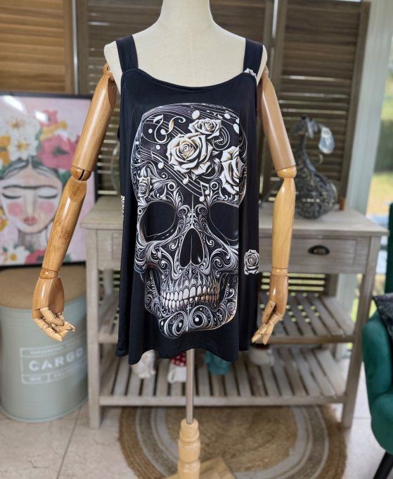 Top débardeur trapèze noir Musical Skulls Calavera & Flowers du 40 au 50/52
