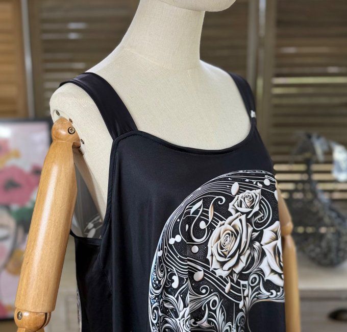 Top débardeur trapèze noir Musical Skulls Calavera & Flowers du 40 au 50/52