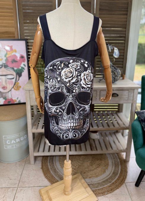 Top débardeur trapèze noir Musical Skulls Calavera & Flowers du 40 au 50/52