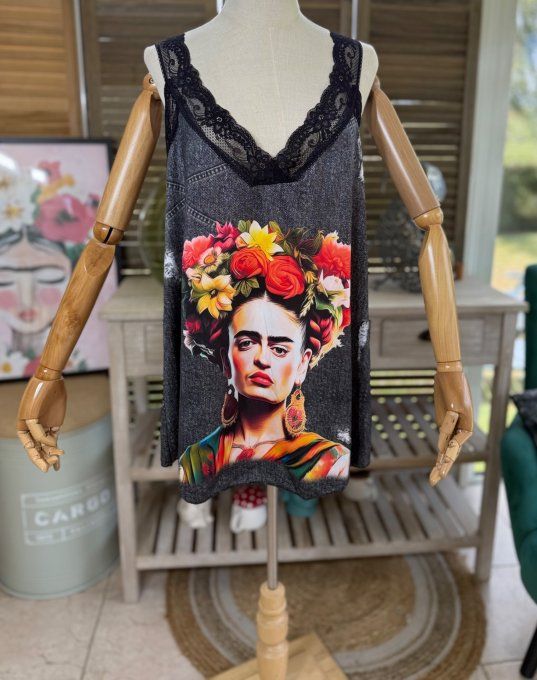 Caraco Débardeur trapèze satiné mat & dentelle effet jeans Frida Kahlo du 40 au 52 
