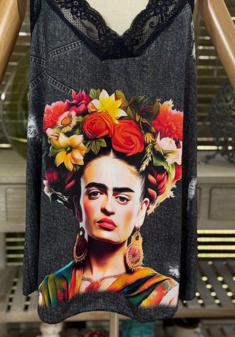 Caraco Débardeur trapèze satiné mat & dentelle effet jeans Frida Kahlo du 40 au 52 
