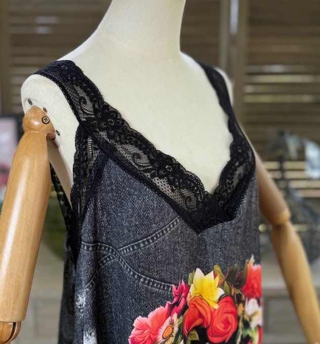 Caraco Débardeur trapèze satiné mat & dentelle effet jeans Frida Kahlo du 40 au 52 