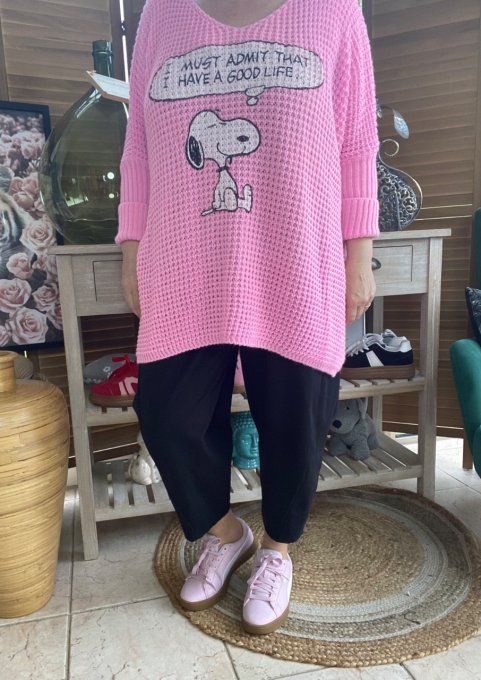 Pull de printemps ample nid d'abeille rose bonbon Snoopy du 42 au 52/54