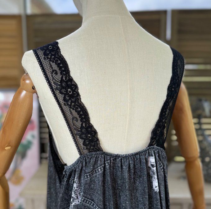 Caraco Débardeur trapèze satiné mat & dentelle effet jeans Frida Kahlo du 40 au 52 