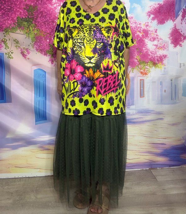 Tee-shirt fin trapèze oversize lycra Léopard jaune fluo Rebel Tiger du 40 au 54 