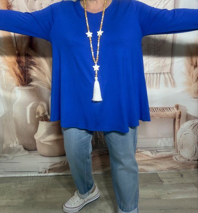 Top trapèze bleu royal manches longues col V collection Les Basiques du Dressing du 40 au 54 