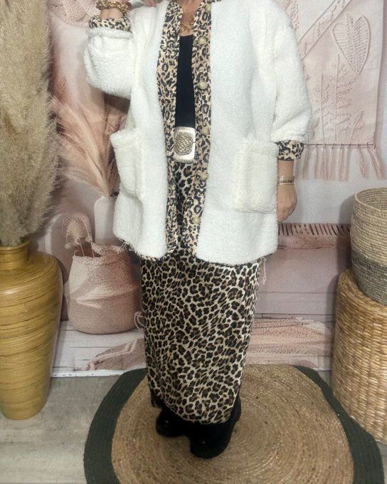 Jupe longue ample satinée Léopard camel et dentelle noire du 40 au 48