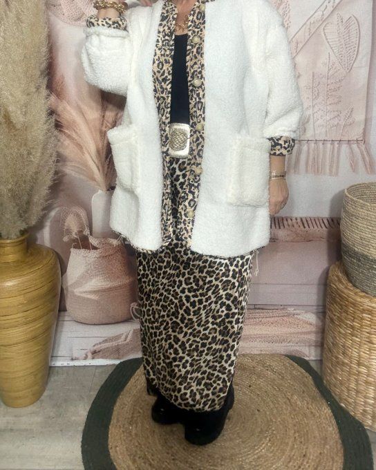 Gilet-veste moumoute Sherpa écrue et suédine Léopard du 40 au 52/54 et même + 