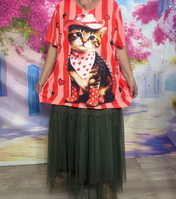 Tee-shirt fin trapèze oversize lycra rayé rouge rose L'adorable Chat Cowboy du 40 au 54