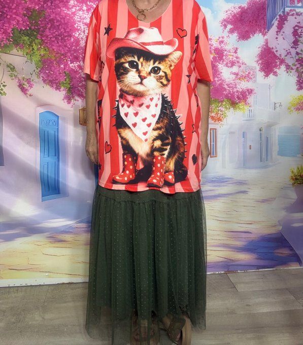 Tee-shirt fin trapèze oversize lycra rayé rouge rose L'adorable Chat Cowboy du 40 au 54