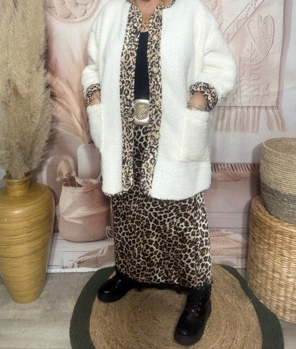 Gilet-veste moumoute Sherpa écrue et suédine Léopard du 40 au 52/54 et même + 