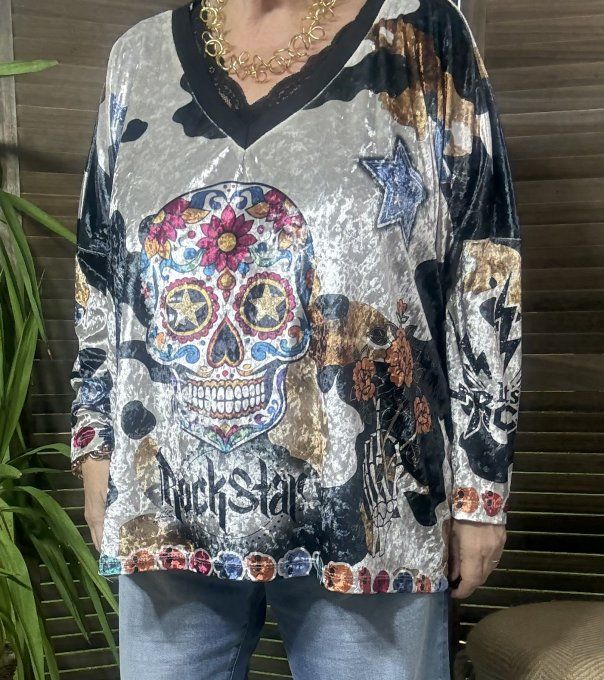Top ample panne de velours Mexican Skulls Calavera douceur +++ du 42 au 54/56