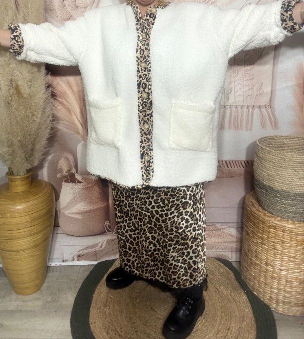 Gilet-veste moumoute Sherpa écrue et suédine Léopard du 40 au 52/54 et même + 