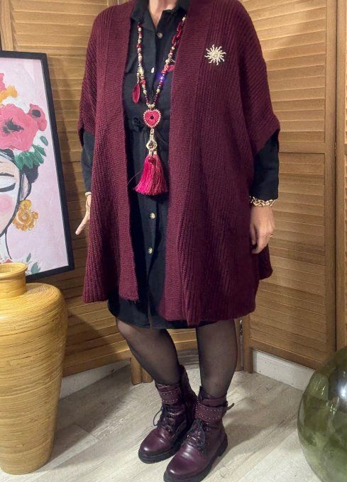 Gilet sans manches oversize Bordeaux + broche dorée Soleil du 42 au 56/58 et même + 