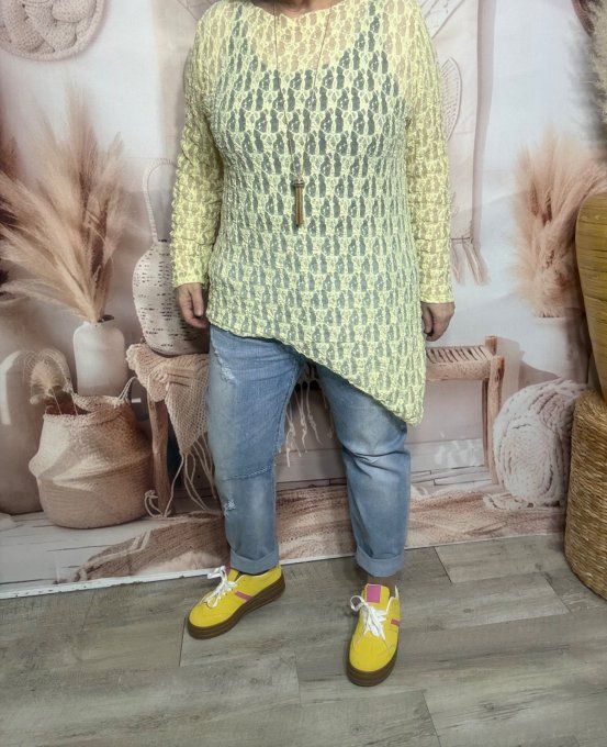 Top asymétrique dentelle jaune pastel manches longues confort +++ du 36 au 48  